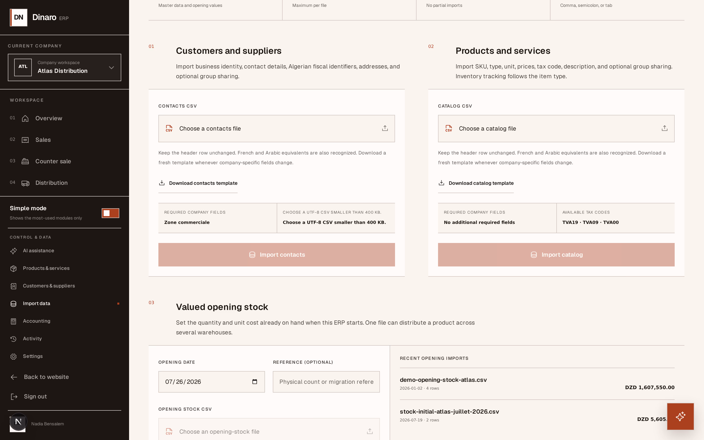 Screenshot: import-sections