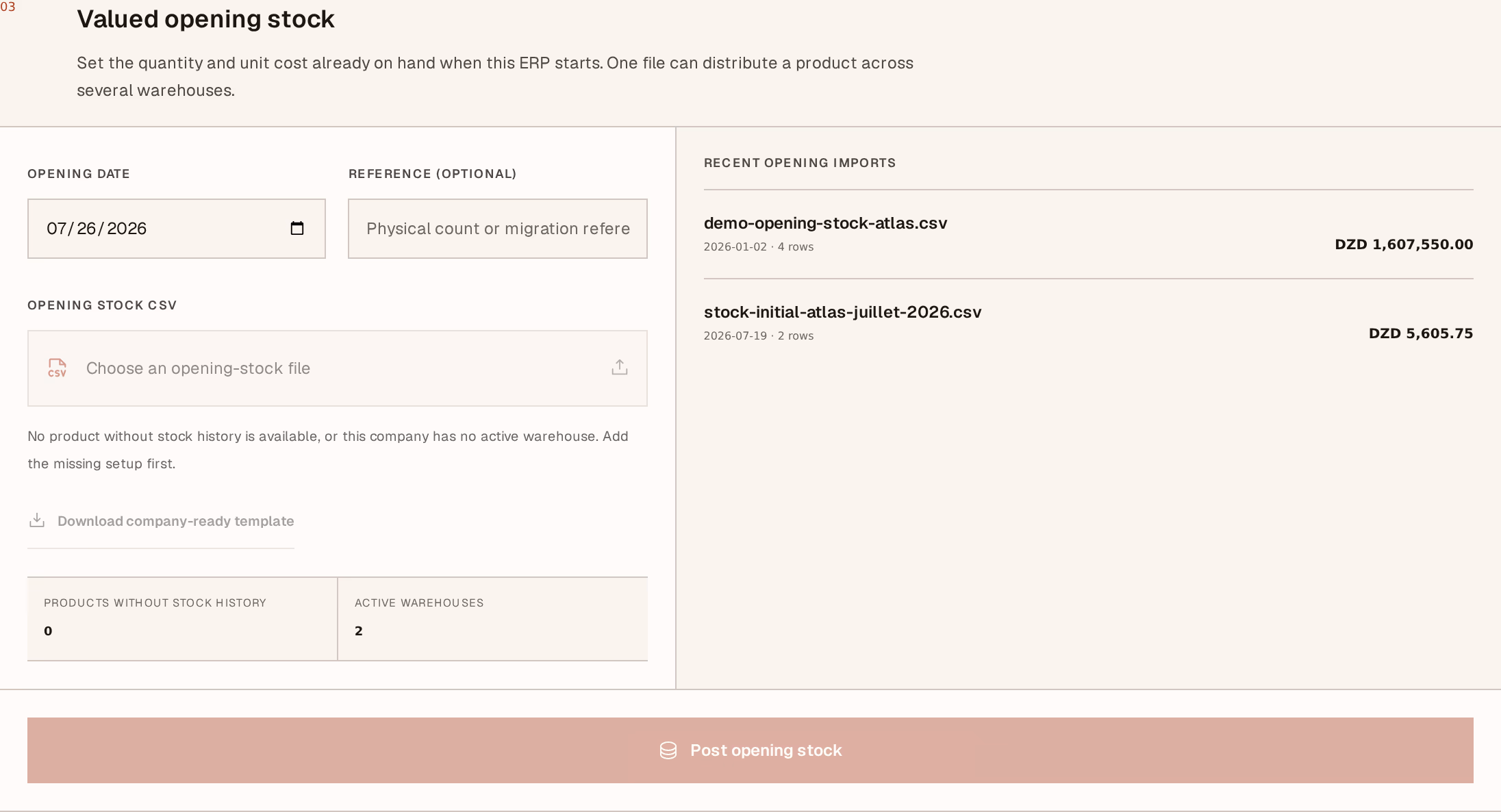 Screenshot: opening-stock