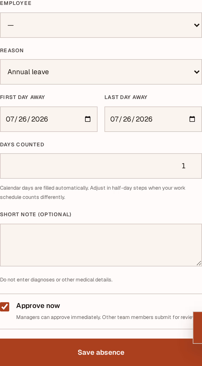 Screenshot: absence-form