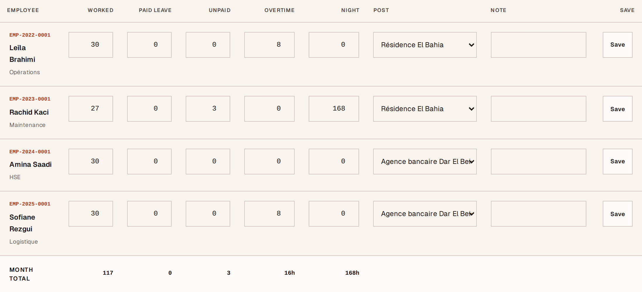 Screenshot: attendance-grid