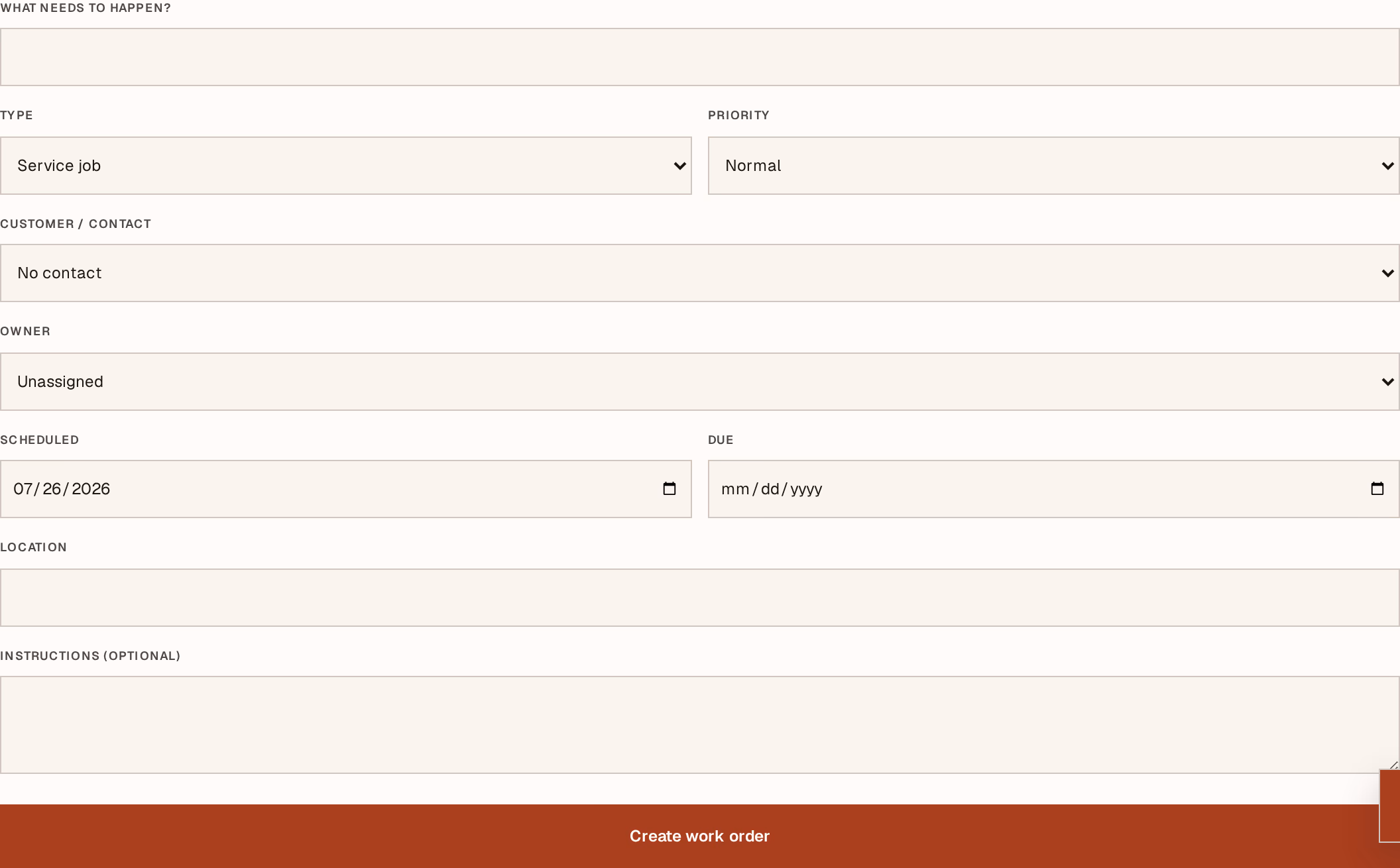 Screenshot: work-order-form